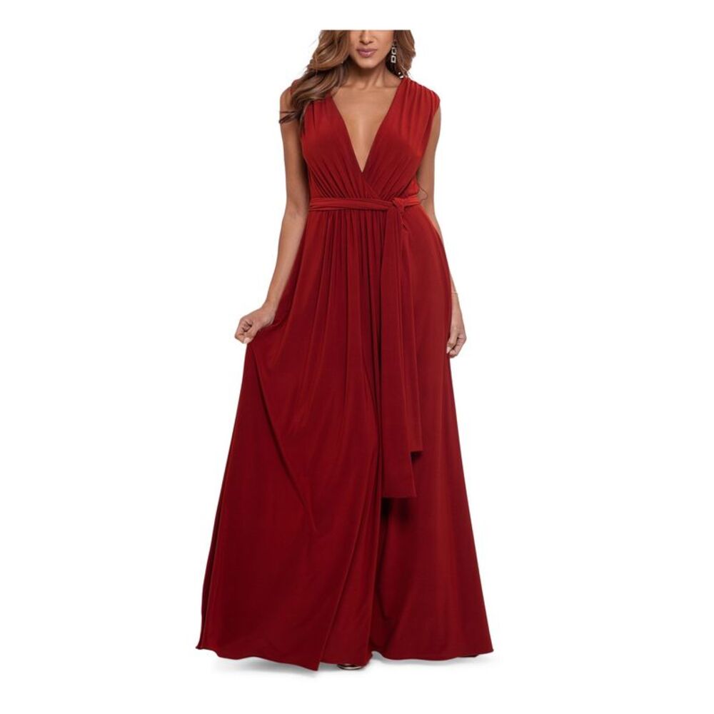 NWT AQUA FORMAL Womens Burgundy Self-tie Belt High Slit Formal Dress 4